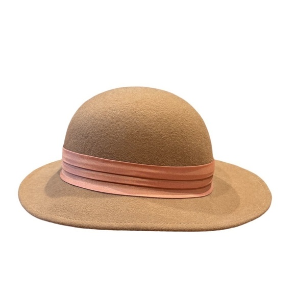 Vintage Asymmetrical Round Crown Wool Hat with Ribbon Tan - Picture 4 of 6